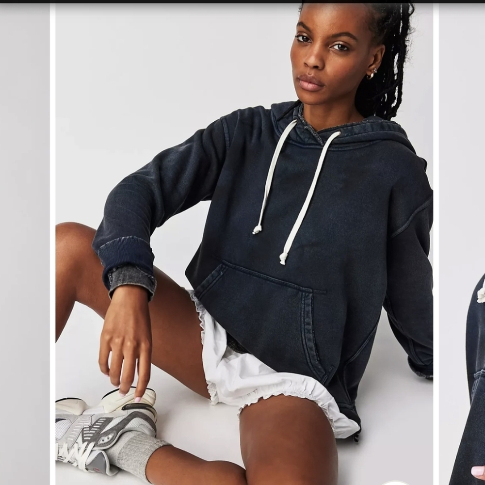 Free People Washed Black Relaxed Pullover Hoodie with White Drawstrings